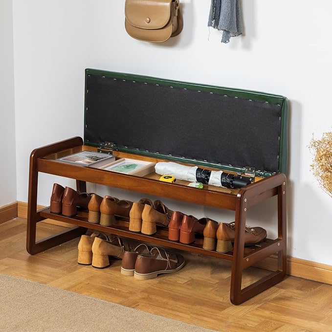SOBIBO Shoe Bench with Storage - 2-Tier Entryway Bench, Solid Wood Shoe Rack with Cushion & Flip-Open Box, Mid-Century Modern for Hallway, Mudroom, Bedroom (Green, 39.4")