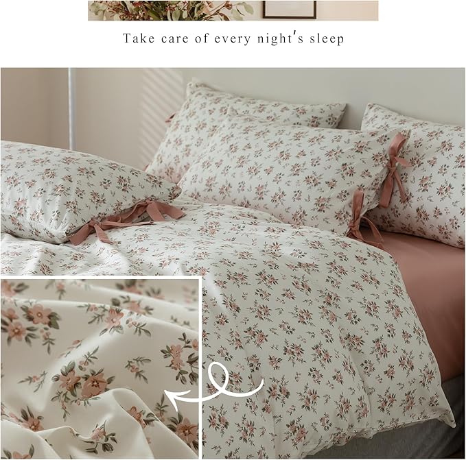 mixinni Vintage Style Girls Pale Pink Flower Pattern Duvet Cover Full Soft Aesthetic Floral Cotton Bedding Set 1 Duvet Cover with 2 Bow Tie Pillowcases for Teen Girl Cute-Full Size
