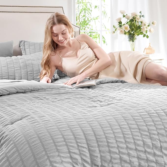 CozyLux Oversized King Comforter Set Light Grey Seersucker 7 Pieces 120x98 Bed in a Bag Comforter Set with Sheets, Light Gray Luxury Bedding Set Down Alternative Comforter, Sheets, Pillowcases & Shams