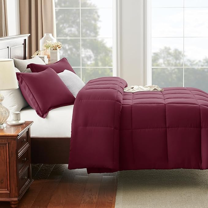 CozyLux Full Size Comforter Sets - 270GSM Burgundy Bedding Sets for All Seasons, 3 Pieces Box Stitched Bed Set with 1 Down Alternative Comforter and 2 Pillow Shams, Soft, Lightweight, Breathable