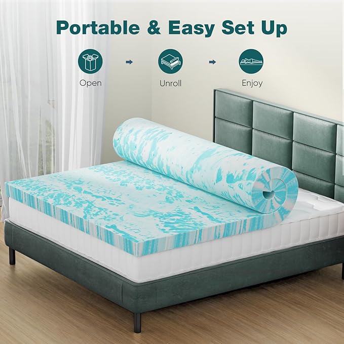 Sweetcrispy Mattress Topper King, 4 Inch Thick Memory Foam Gel Infused Cooling Toppers Pad for King Size Bed, Sleeper Sofa, RV, Camper, CertiPUR US Certified, Ventilated and Breathable