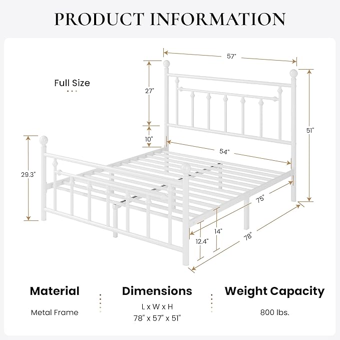 SHA CERLIN 14" Full Size Metal Platform Bed Frame/Victorian Headboard and Footboard/Steel Slats Mattress Foundation for Storage/No Box Spring Needed/Noise Free/White