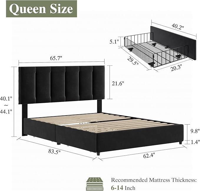 VECELO Queen Size Bed Frame with 4 Storage Drawers, Adjustable Height Headboard, Heavy-Duty Platform Bedframe with Strong Wooden Slats, No Box Spring Needed, Black
