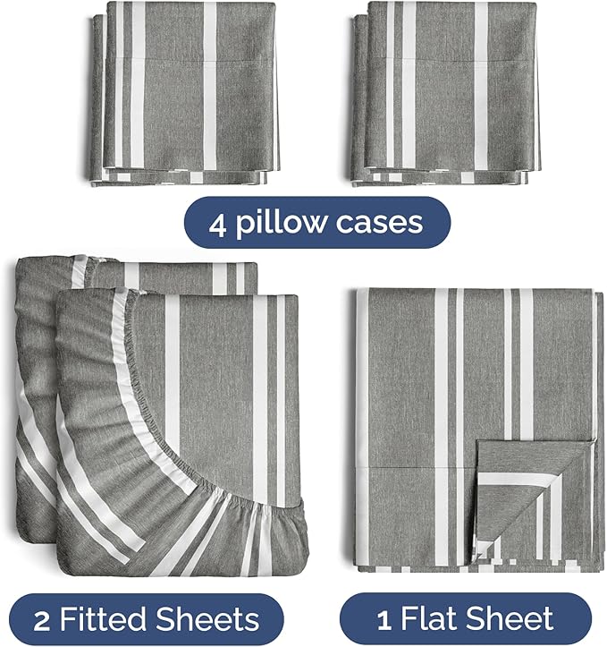 Split King 7 Piece Sheet Set - Comfy, Breathable & Cooling - Hotel Luxury Bedding for Women, Men, Kids, Teens and Children - 1 Flat & 2 Fitted Sheets & 4 Pillowcases w/ Deep Pockets - Grey Stripes 3