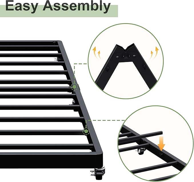 Lutown-Teen Twin Trundle Bed Frame with Metal Slats, Roll-Out Design, Easy Assembly Steel Frame with Lockable Wheels, Noiseless Pull Out Bed for Bedroom, Living Room or Guest Room, Black