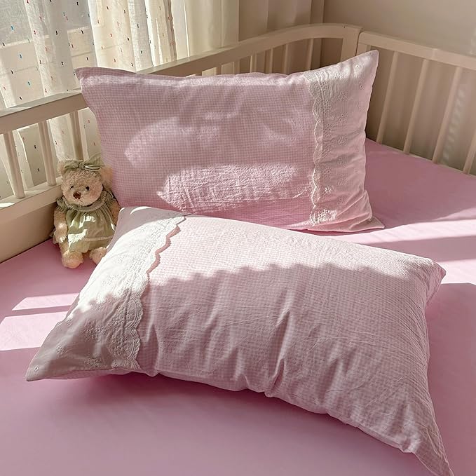mixinni Pink Gingham Duvet Cover Full Size - 3 Piece Cottagecore Plaid Bedding Set with Lace Trim, Soft Washed Microfiber Vintage Aesthetic Grid Comforter Cover & Pillow Shams, (Pink White Gingham)