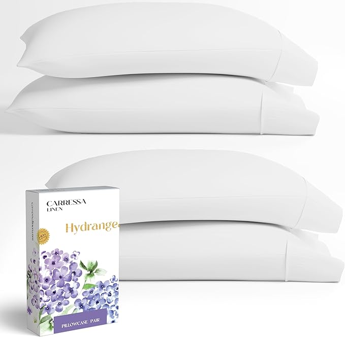 Carressa Linen 100% Egyptian Cotton Pillow Cases Queen Size Set of 4 - Luxury 600 Series Hydrangeas Collection Queen Size Pillowcases (White), Cooling Sateen Weave Hotel Quality Bed Pillow Cover