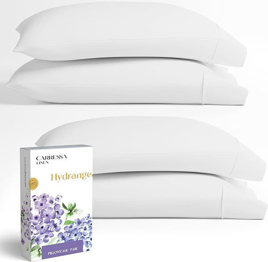 Carressa Linen 100% Egyptian Cotton Pillow Cases Queen Size Set of 4 - Luxury 600 Series Hydrangeas Collection Queen Size Pillowcases (White), Cooling Sateen Weave Hotel Quality Bed Pillow Cover