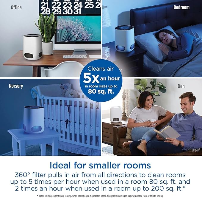 Clorox Smart Air Purifiers for Bedroom Home, True HEPA Filter, Works with Alexa, Small Rooms up to 200 Sq Ft, Removes 99.9% of Viruses, Wildfire Smoke, Mold, Allergies, Dust, AUTO Mode, Whisper Quiet