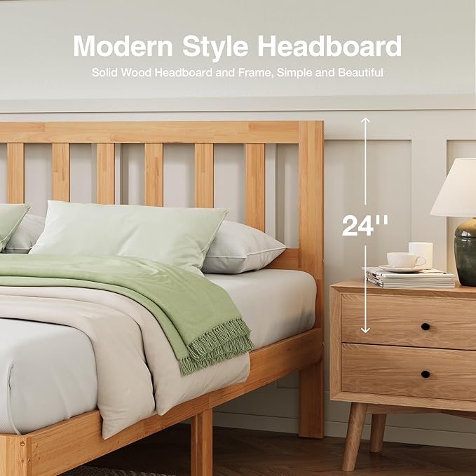 Novilla 12 Inch King Size Bed Frame Solid Wooden King Bed Frame and Headboard, King BedFrames with Classic Headboard, No Box Spring Needed, Easy Assembly, Natural Grain Wood