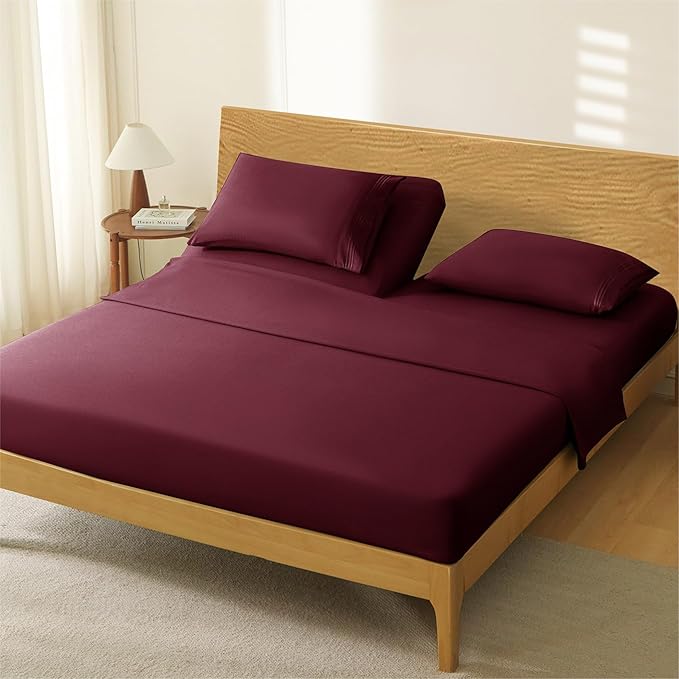 Manyshofu 4 Piece Split Head King Sheets Sets for Adjustable Bed Sheet, Flex Head Split Top King Sheets Burgundy Sheet Set - 1800 Thread Count Bedding Set with 14-16 Inch Deep Pockets
