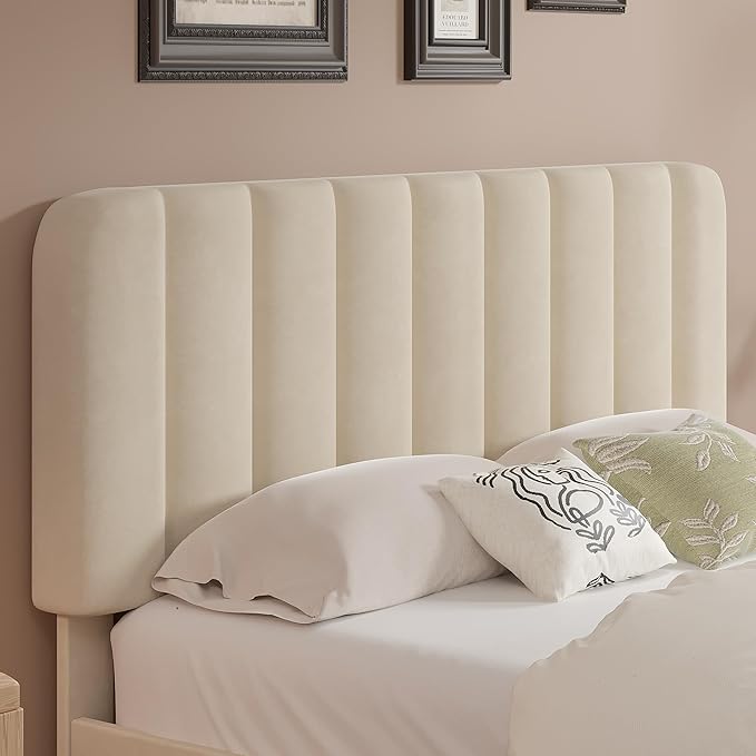 VECELO Full Size Bed Frame with Upholstered Headboard, Velvet Platform Bedframe Mattress Foundation, Strong Wood Slat Support, No Box Spring Needed,Bone Beige