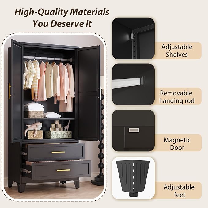Metal Wardrobe Storage Cabinet with Mirror and Hanging Rod,71'' Metal Clothing Cabinet with 2 Doors and 2 Adjustable Shelves for Bedroom, Laundry Room, Cloak Room (Black)