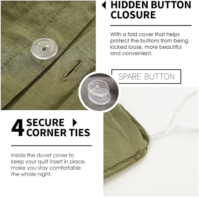 Simple&Opulence 100% Washed Linen Duvet Cover Set 5pcs(1 Duvet Cover& 2 Shams& 2 Pillowcases) Basic Style Natural French Flax Soft Breathable Farmhouse Bedding (King, Olive Green)