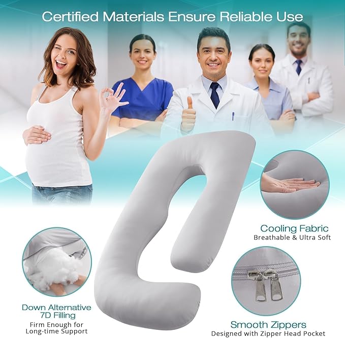 Sasttie Cooling Pregnancy Pillows for Sleeping, U Shaped Full Body Pillow with Removable Cover, Pregnant Women Must Haves, Maternity Essential, Light Grey