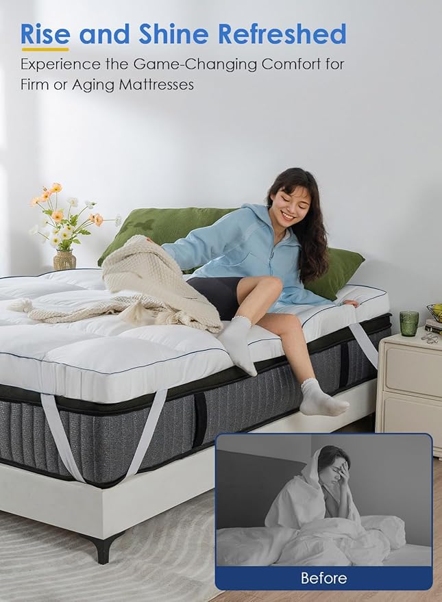 QUEEN ROSE Mattress Topper King Size, Pillow Top Extra Thick Mattress Pad, Soft Baffle Box Overfilled Down Alternative for Back Pain, 4 Corner Straps, White