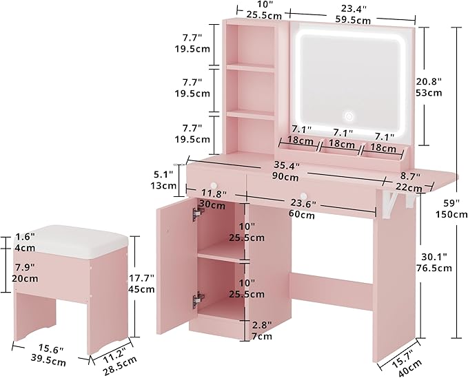 IRONCK Vanity Desk with LED Lighted Mirror & Power Outlet, Makeup Table with Drawers & Cabinet,Storage Stool,for Bedroom, Pink