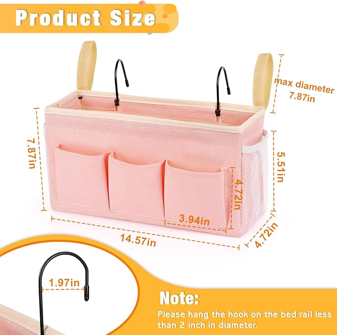Lilithye Bedside Caddy Bedside Organizer Bedside Storage Caddy with Fixed Straps and Water Bottle Holder for Home College Dorm Bunk Bed Hospital Bed Crib Bed Rails (Pink)