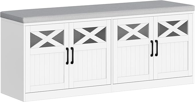 Hzuaneri 2 Tier Shoe Storage Bench with Doors, 47.2" Farmhouse Shoe Bench with Padded Cushion, 12 Pairs of Bed End Bench, Entryway Bench with Storage for Bedroom, Living Room, White SB61203X
