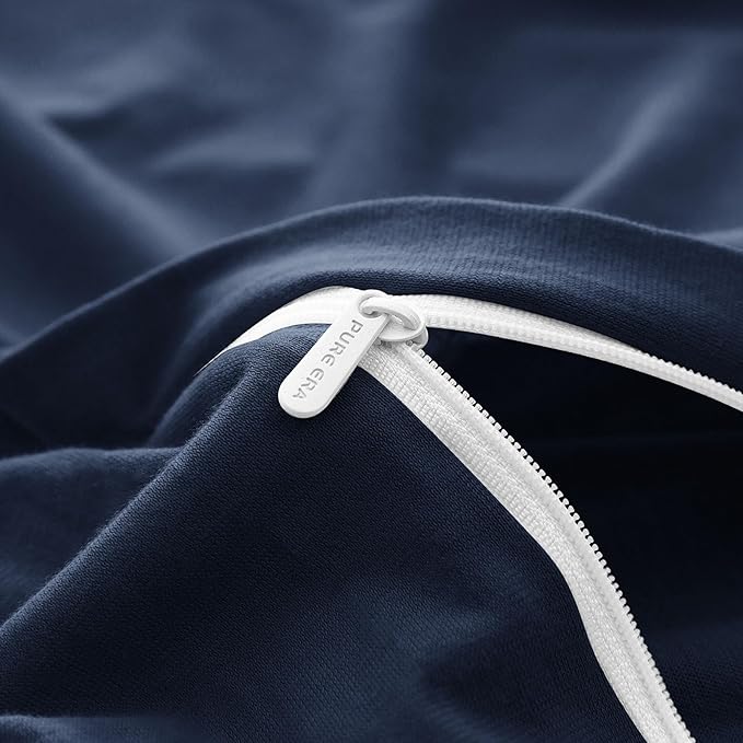PURE ERA Jersey Knit Duvet Cover Set 100% T-Shirt Cotton Super Soft Comfy 3pc Bedding Set with Zipper Closure (Solid Navy Blue, Queen, 90"X90")