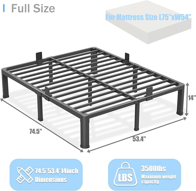 Yitong Angel 14 inch Full Size Bed Frame with Round Corner Legs Mattress Slide Stopper,3500 lbs Heavy Duty Metal Platform,Steel Slat Support,No Box Spring Needed,Easy Assembly,Noise Free