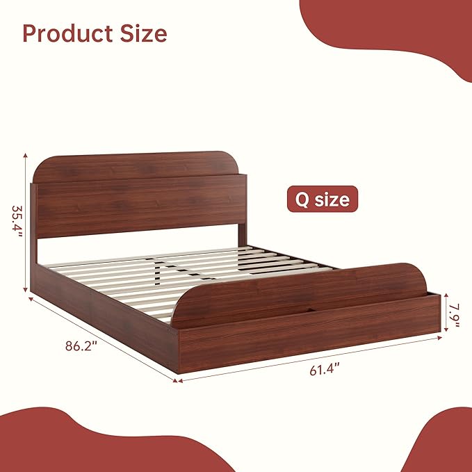 Garvee Queen Size Bed Frame with Storage Headboard and Raised Footboard – Wooden Queen-Floor Low Platform Bed for Bedroom, Heavy Duty & Noise Free, No Box Spring Needed, Red Peach Wood
