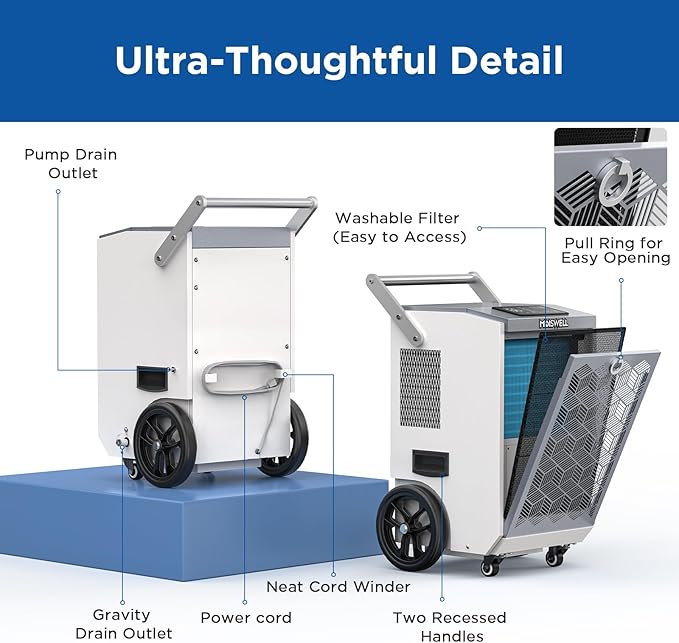 160 Pints Commercial Dehumidifier with Pump and Drain Hose for Basements, Heavy Duty Commercial Grade Dehumidifiers for Large Spaces, Warehouse, Industry Water Damage Unit, Auto Defrost