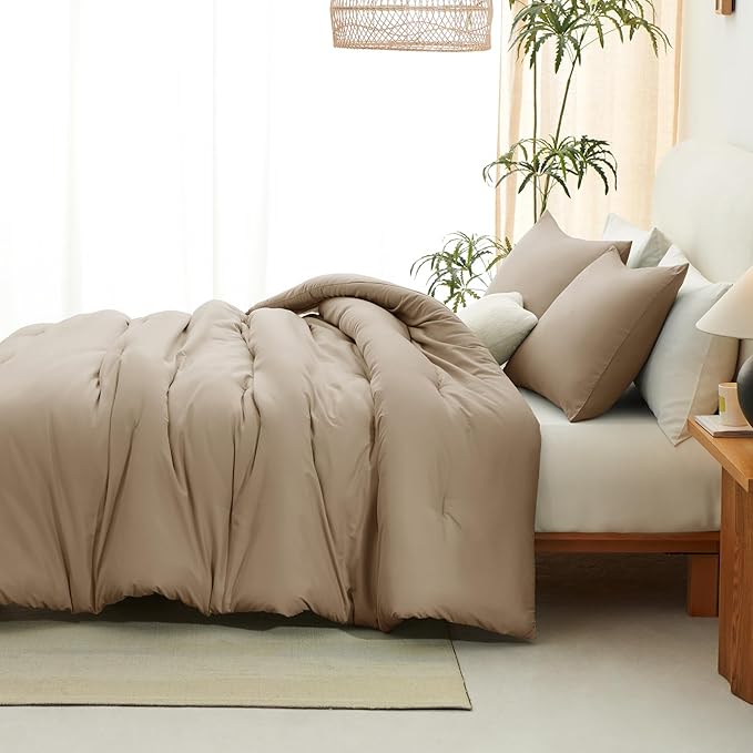 CozyLux Queen Comforter Set Taupe, 3 Pieces Solid Comforters Queen Size Breathable Quilted Bedding Sets, Luxury Soft Lightweight Bed Set with Down Alternative Comforter and 2 Pillowcases All Seasons