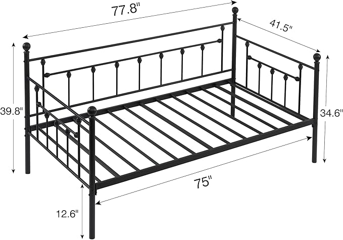 VECELO Daybed Frame, Twin Size Metal Platform Bed with Headboard,Heavy Duty Steel Slats Support for Living Room Bedroom Guest Room, Easy Assembly