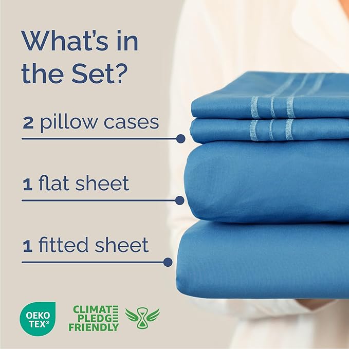 Queen Size 4 Piece Sheet Set - Comfy Breathable & Cooling Sheets - Hotel Luxury Bed Sheets for Women & Men - Deep Pockets, Easy-Fit, Soft and Wrinkle Free Sheets - Denim Blue Oeko-Tex Bed Sheet Set