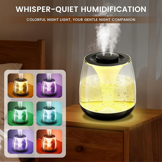 Humidifiers for Bedroom, 3 L Cool Mist Top-Fill 40H Super Long Time, 23dB Quiet, Baby Humidifier, Oil Diffuser for Large Room, Plants, Nursery, Office, Colored lights (black)