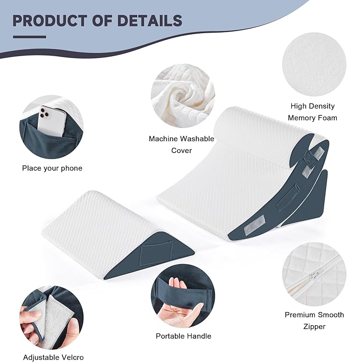 Yojoker 4PCS Orthopedic Bed Wedge Pillow Set for Sleeping, Post Surgery Foam Pillow for Body, Back and Leg Pain Relief, Triangle Adjustable Support Pillow - Acid Reflux Sleeping Pillows Navy