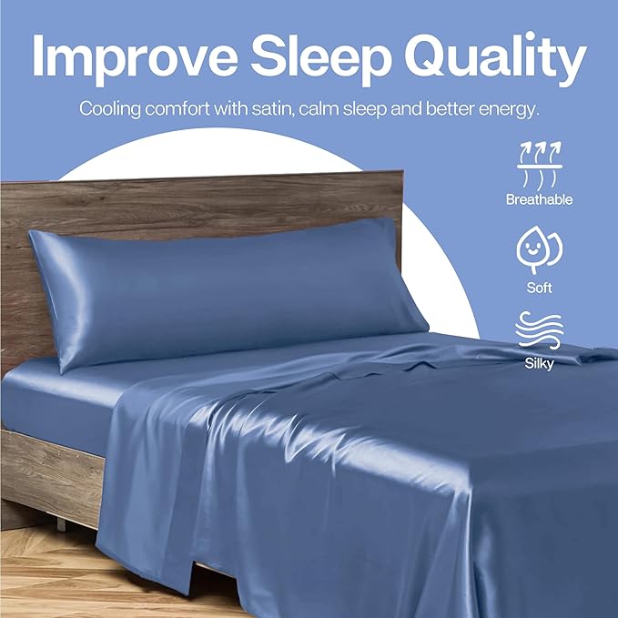 MR&HM Satin Body Pillow Cover, Soft and Breathable Body Pillow Case with Envelope Closure, Cooling and Silky Long Pillowcase for Hair and Skin,Grey (20x54, Sky Blue)