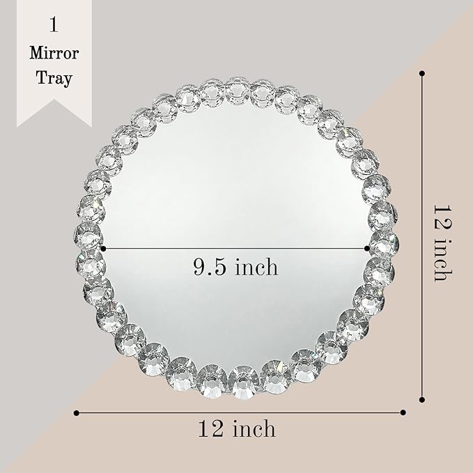 Round 12-Inch Crystal Bead Mirror Tray – Vanity Organizer, Perfume & Jewelry Display, Decorative Silver Tray for Bathroom, Dresser, Coffee Table, Living Room, Office & Hotel Banquet