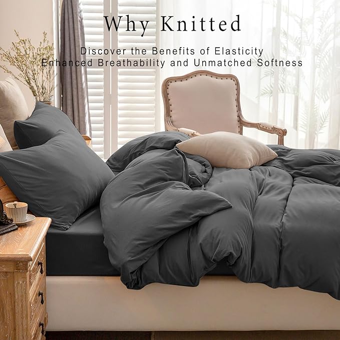 PURE ERA Jersey Knit Duvet Cover Set 100% T-Shirt Cotton Super Soft Comfy 3pc Bedding Set with Zipper Closure (Solid Deep Grey, King, 104'' x 90'')