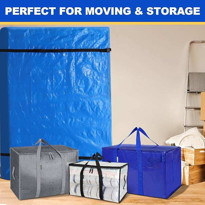 TICONN Mattress Bags for Moving, Heavy Duty King Mattress Cover Storage Bag with Full-Around Handle and Adjustable Buckles (Blue, King)