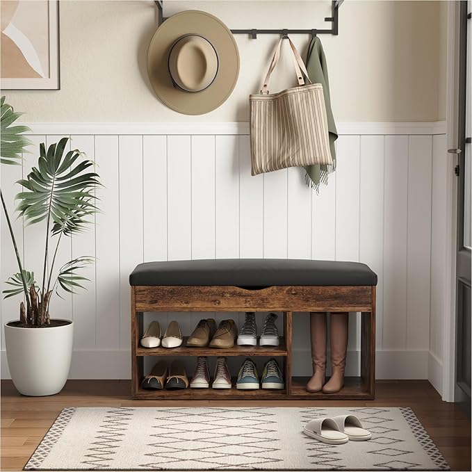 Apicizon 31 Inches Storage Bench with Padded Cushion, Shoe Bench with Storage Space, Upholstered Entryway Bench for Living Room, 2-Tier Shoe Rack Organizer, Brown