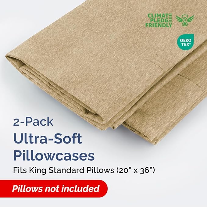 King Standard Pillow Cases Set of 2 - Ultra-Soft Hotel Quality Pillowcase Covers - Comfy, Cozy & Fade Free - Wrinkle Resistant - Machine Washable Pillow Protectors - 2 Piece Set - Heathered Tan