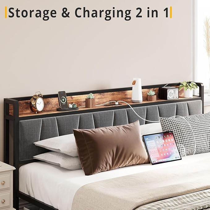 LIKIMIO King Size Bed Frame, Storage Headboard with Charging Station, Platform Bed with Drawers, No Box Spring Needed, Easy Assembly, Industrial Brown and Gray