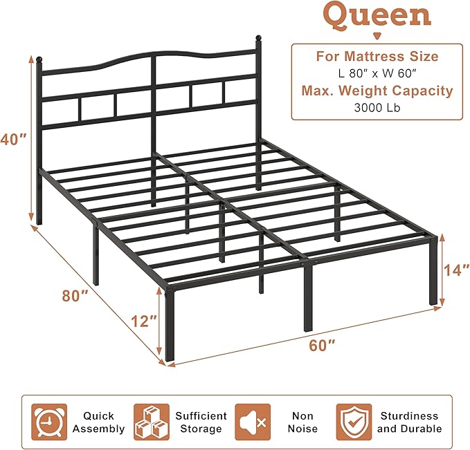 OSASET Queen Bed Frame with Headboard - 14 Inch Queen Bed Frame Metal Bed Frame Queen Size No Box Spring Noise Free Easy Assembly