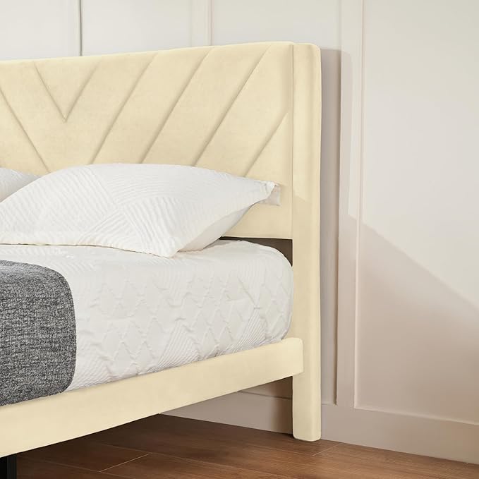 Full Bed Frame with Headboard, Bed Frame Full Size with Sturdy Wooden Slats Support, Platform Bed Frame with Velvet Upholstered Headboard, Mattress Foundation, Easy Assembly, No Box Spring Needed