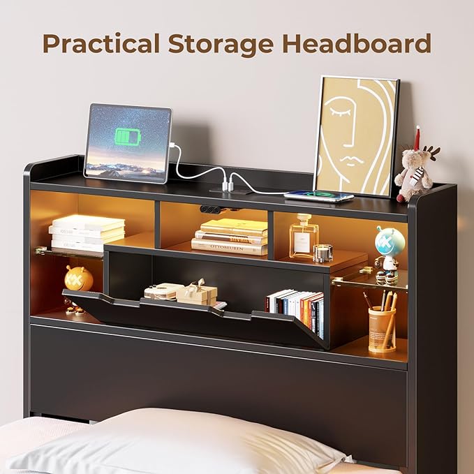 Rolanstar Twin Bed Frame with Headboard, LED Bed with Bookcase Storage and Charging Station, Metal Platform Bed with Glass Shelves, No Box Spring Needed, Noise-Free, Black