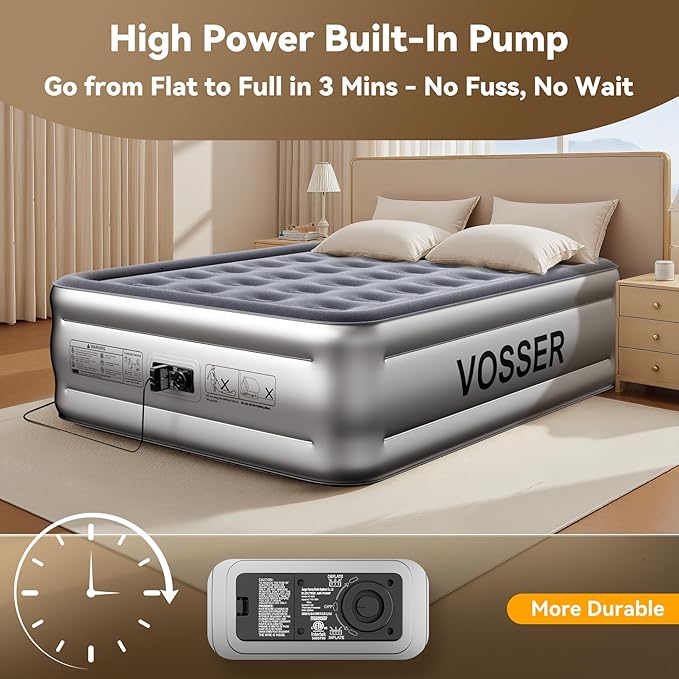 VOSSER Air Mattress Full with Built in Pump,18’’Blow Up Mattress,Self Inflatable Mattress in 3 Mins,Portable Air Bed for Camping,Floor&Travel,Full Size Air Mattress for Adults 660LB Max,Silver