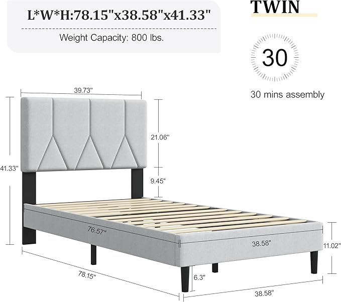 Twin Bed Frame, Padded Platform Bed Frame with Fabric Headboard, Vertical Quilted Design, Sturdy Slatted Mattress Base, No Spring Mattress Required, Easy to Assemble, Light Gray
