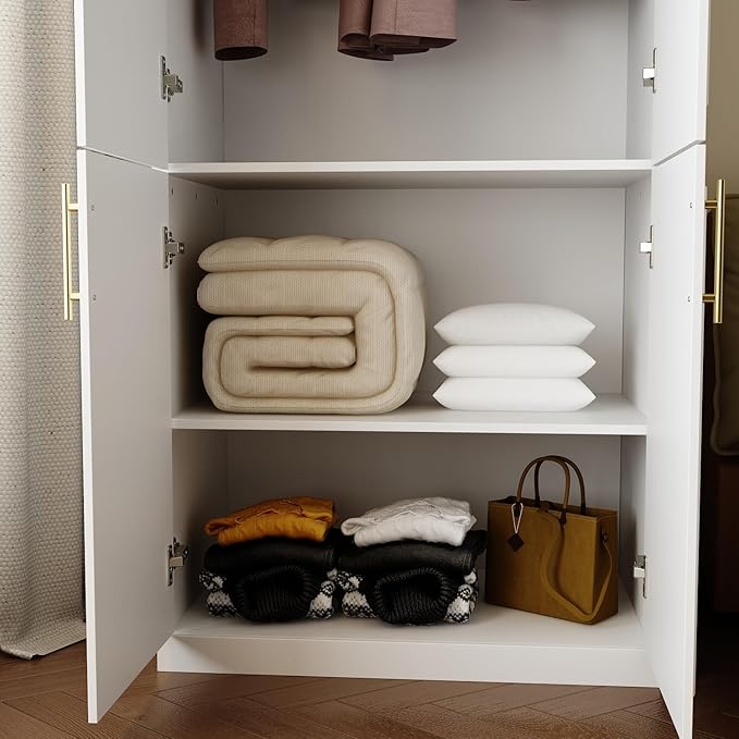 FUFU&GAGA Wardrobe Closet with 4 Doors, Modern White Bedroom Armoire with Gold Handles, Modern Clothes Storage Cabinet with Shelves & Hanging Rod for Cloakroom, 31.7”W x 19.3”D x 74.8”H