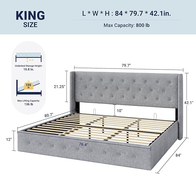 Allewie King Size Lift Up Storage Bed, Button Tufted Headboard with Wingback, Hydraulic Support, No Box Spring Needed, Light Grey