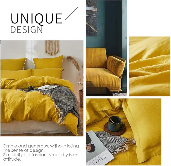 Simple&Opulence 100% Linen Duvet Cover Set 3pcs Basic Style Natural French Washed Flax Solid Color Soft Breathable Farmhouse Bedding with Button Closure - Mustard Yellow, Queen