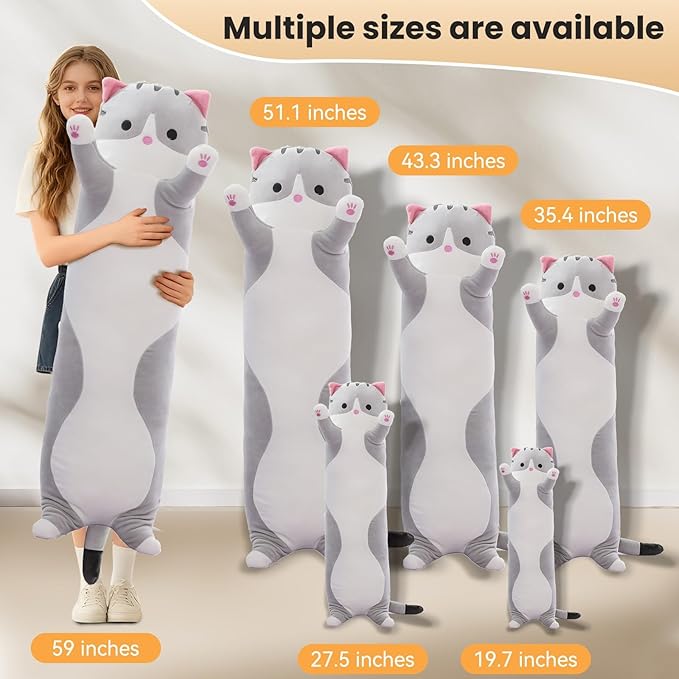 Cute Cat Plush Long Body Pillow – Soft Cartoon Stuffed Animal Doll, Kawaii Cat Plushie Cuddle Toy for Kids, Girls & Girlfriend (Gray, 27.5 Inch)