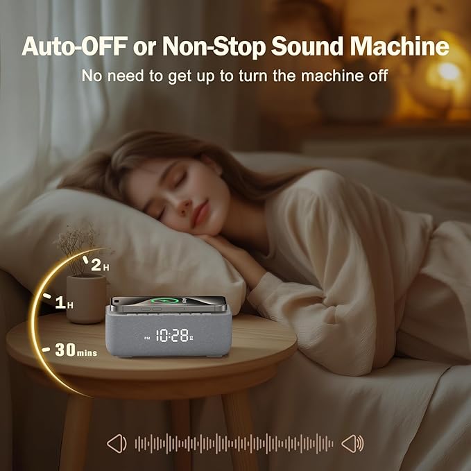 REACHER 15W Fast Wireless Charging Alarm Clock with White Noise Machine │ 20 High-Fidelity Sleep Sounds │ Gradual Wake & Unlimited Snooze │ 0–100% Dimmable Digital Clock for Bedroom & Office