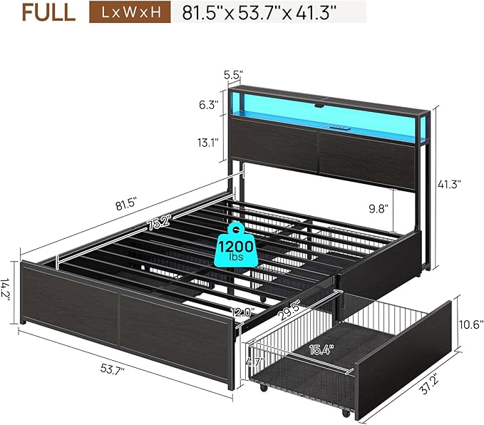 Rolanstar Full Size Bed Frame with 4 Storage Drawers, Charging Station and LED Lights, Metal Platform Bed with 2-Tier Storage Headboard, No Box Spring Needed, Easy Assembly, Noise-Free, Black